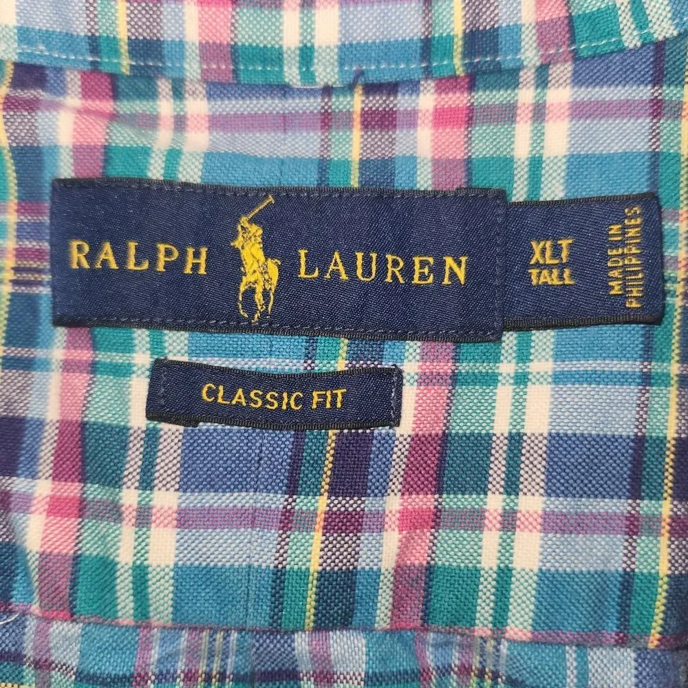 Ralph Lauren Men's Button Down Turquoise Multicolor Plaid Shirt LS XLT Tall